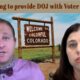1. Protest against DOJ voter roles refusal in Colorado with two individuals expressing concern, symbolic welcoming sign in the background.