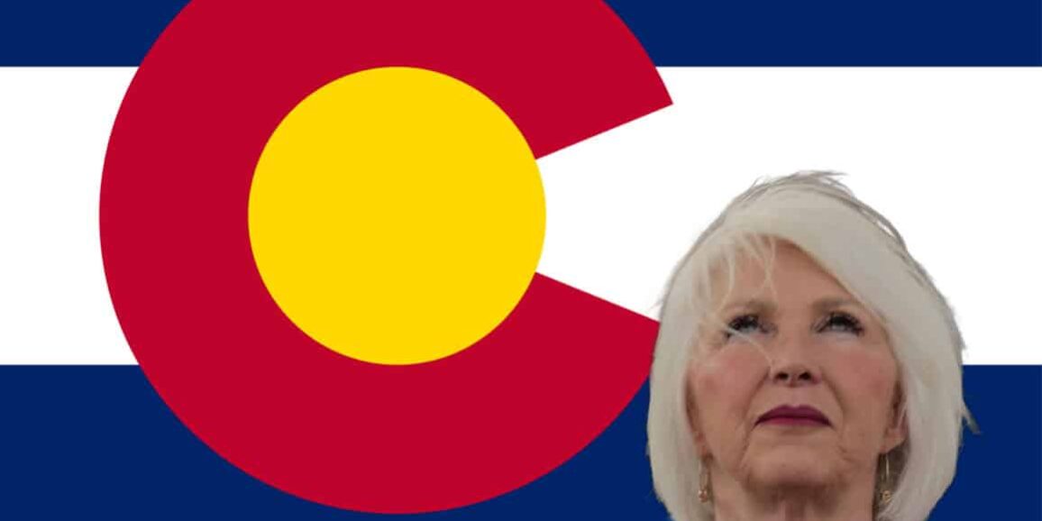 Tina Peters Colorado state flag with Tina Peters looking up, representing Colorado politics and culture.