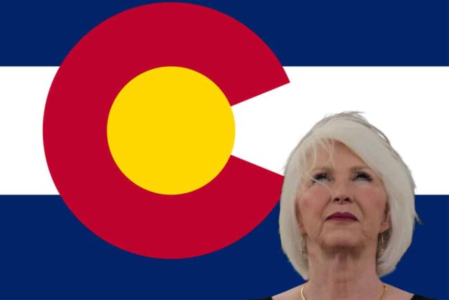 Tina Peters Colorado state flag with Tina Peters looking up, representing Colorado politics and culture.