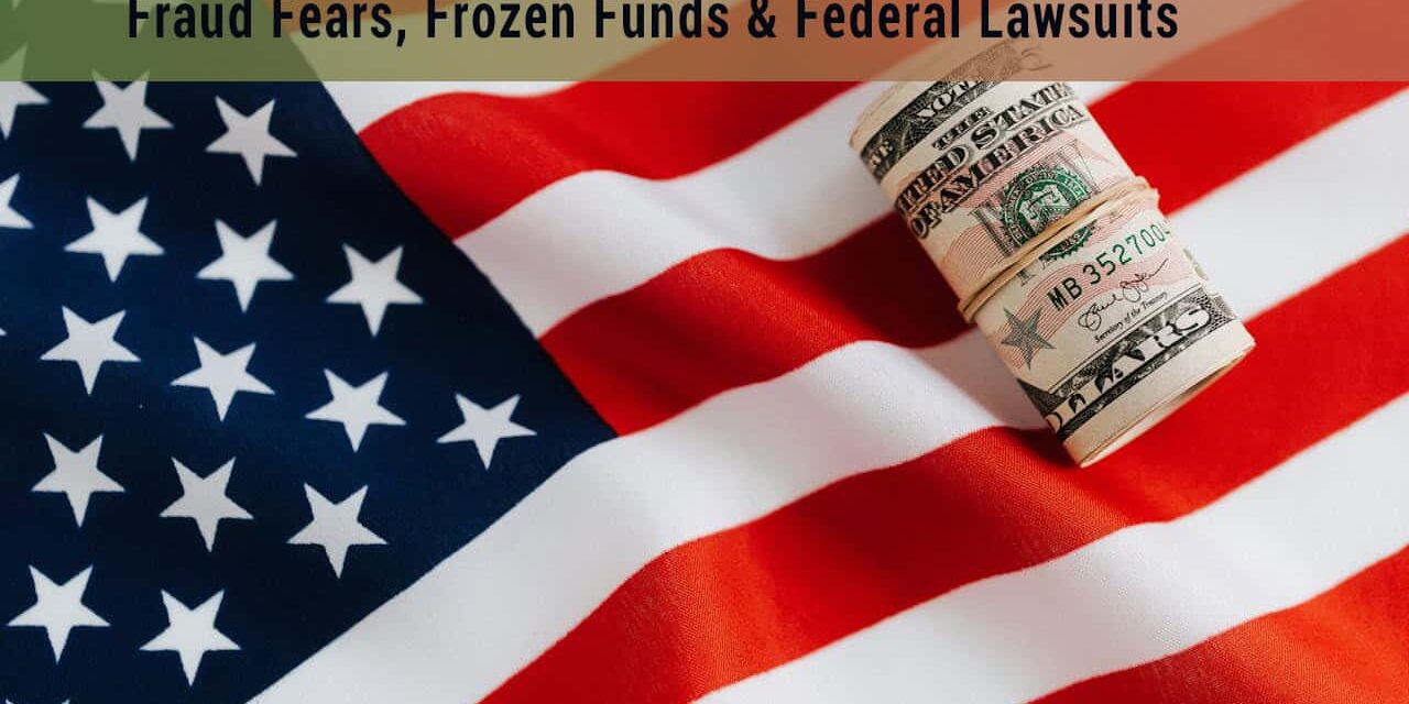 American Flag US American flag with rolled dollar bills, symbolizing financial scrutiny, fraud fears, and federal lawsuits.