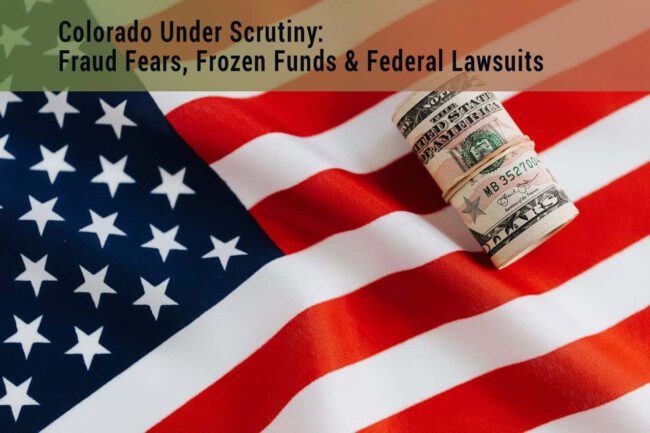 US American flag with rolled dollar bills, symbolizing financial scrutiny, fraud fears, and federal lawsuits.