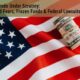 US American flag with rolled dollar bills, symbolizing financial scrutiny, fraud fears, and federal lawsuits.