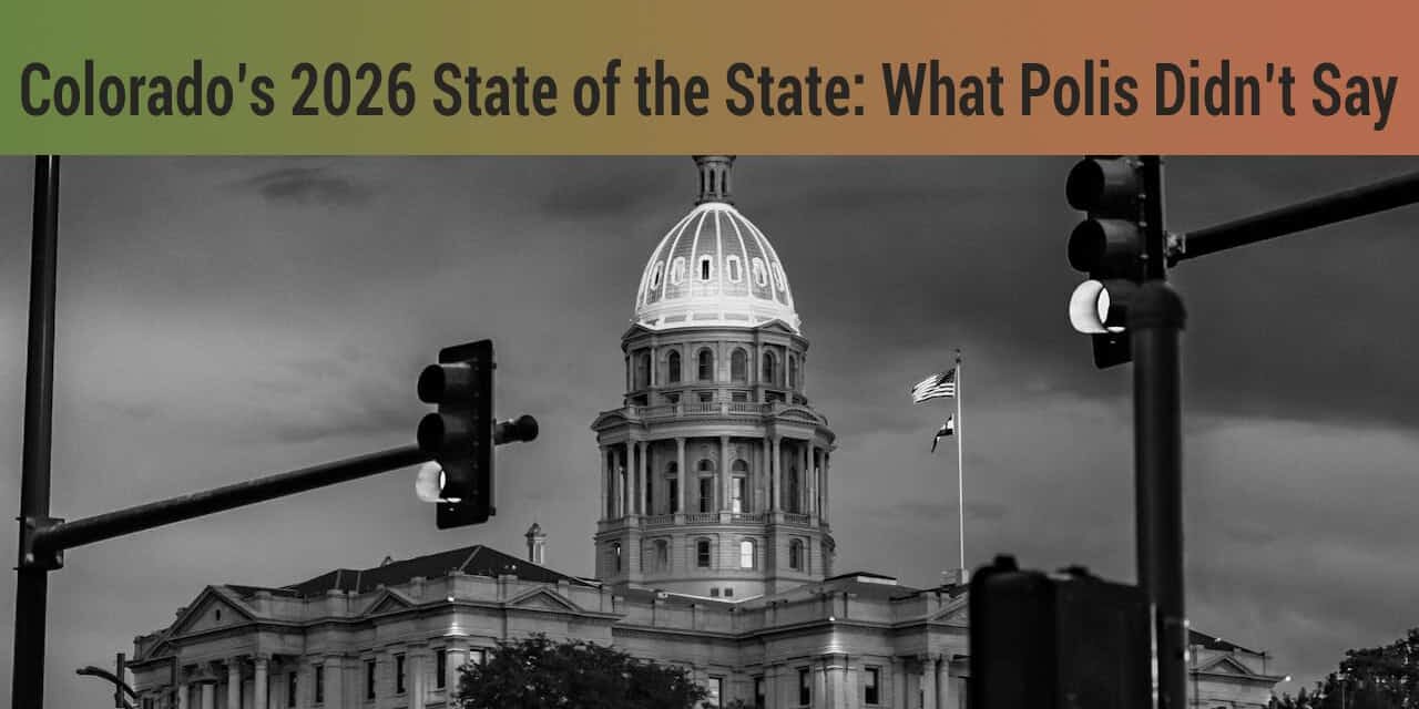 Colorado state capitol building in black and white with traffic lights and American flag, highlighting Colorado's 2026 State of the State address, political event, government, politics, civic engagement, openagenda.wtf.