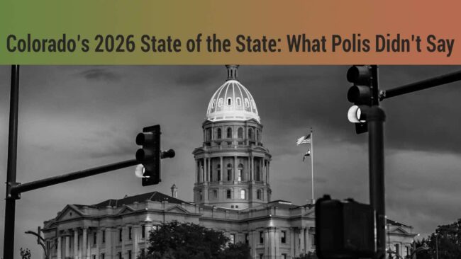 Colorado state capitol building in black and white with traffic lights and American flag, highlighting Colorado's 2026 State of the State address, political event, government, politics, civic engagement, openagenda.wtf.