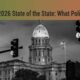 Colorado state capitol building in black and white with traffic lights and American flag, highlighting Colorado's 2026 State of the State address, political event, government, politics, civic engagement, openagenda.wtf.