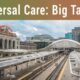 Modern train station with sleek architecture, train tracks, and urban background, highlighting transportation infrastructure and cityscape integration.