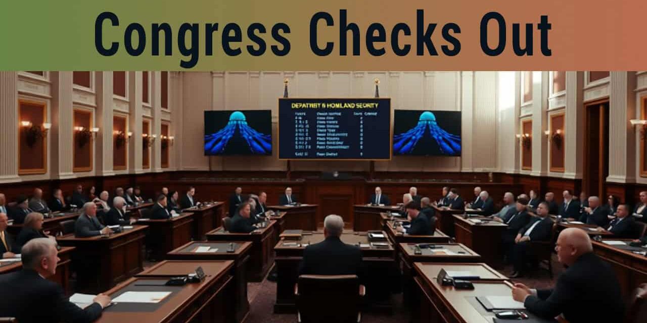 Congressional hearing room with officials and large screens displaying security data.