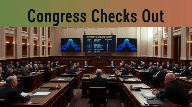 Congressional hearing room with officials and large screens displaying security data.