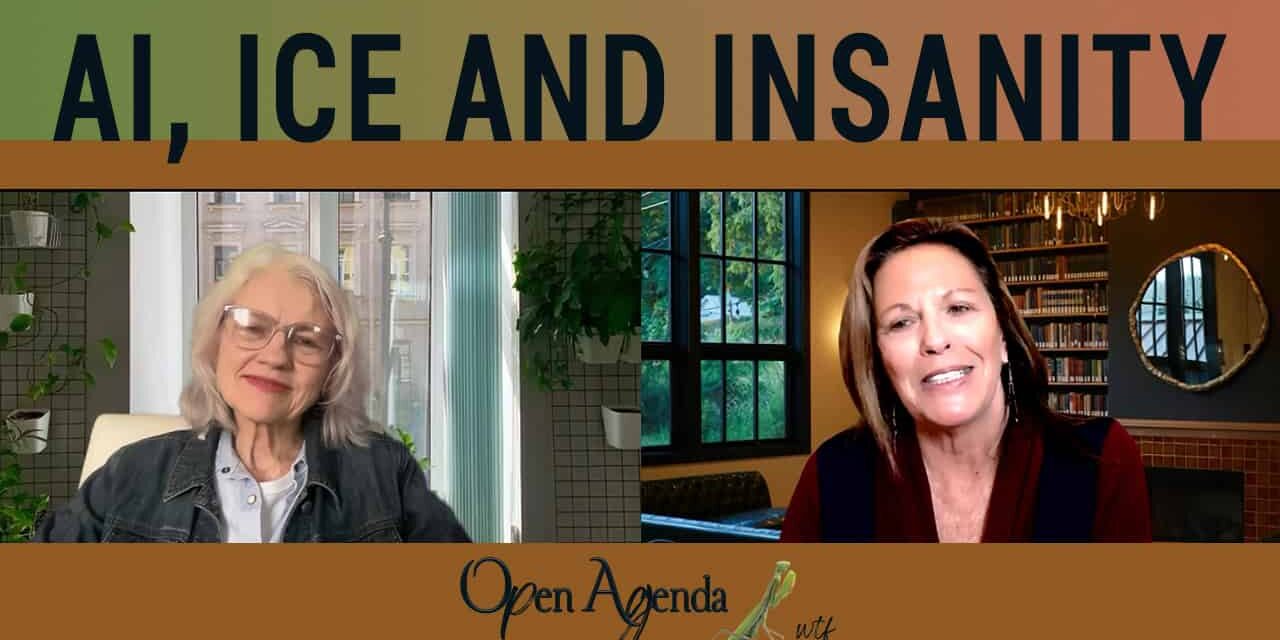 Open Agenda WTF: AI, Ice & Insanity Two women engaged in a discussion about AI, climate change, and societal issues during the Open Agenda WTF event, highlighting concerns about technology and environmental challenges.