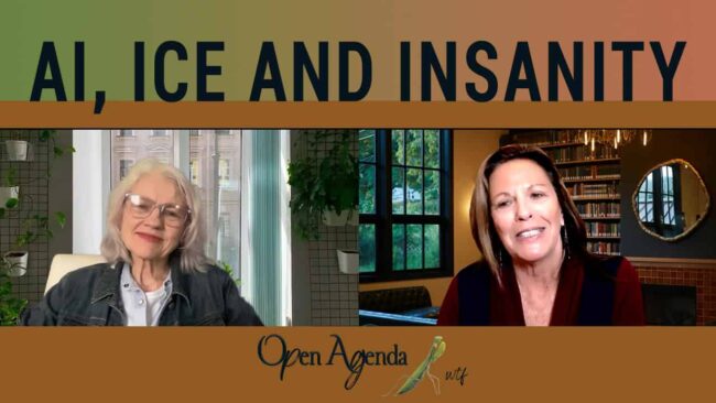 Two women engaged in a discussion about AI, climate change, and societal issues during the Open Agenda WTF event, highlighting concerns about technology and environmental challenges.