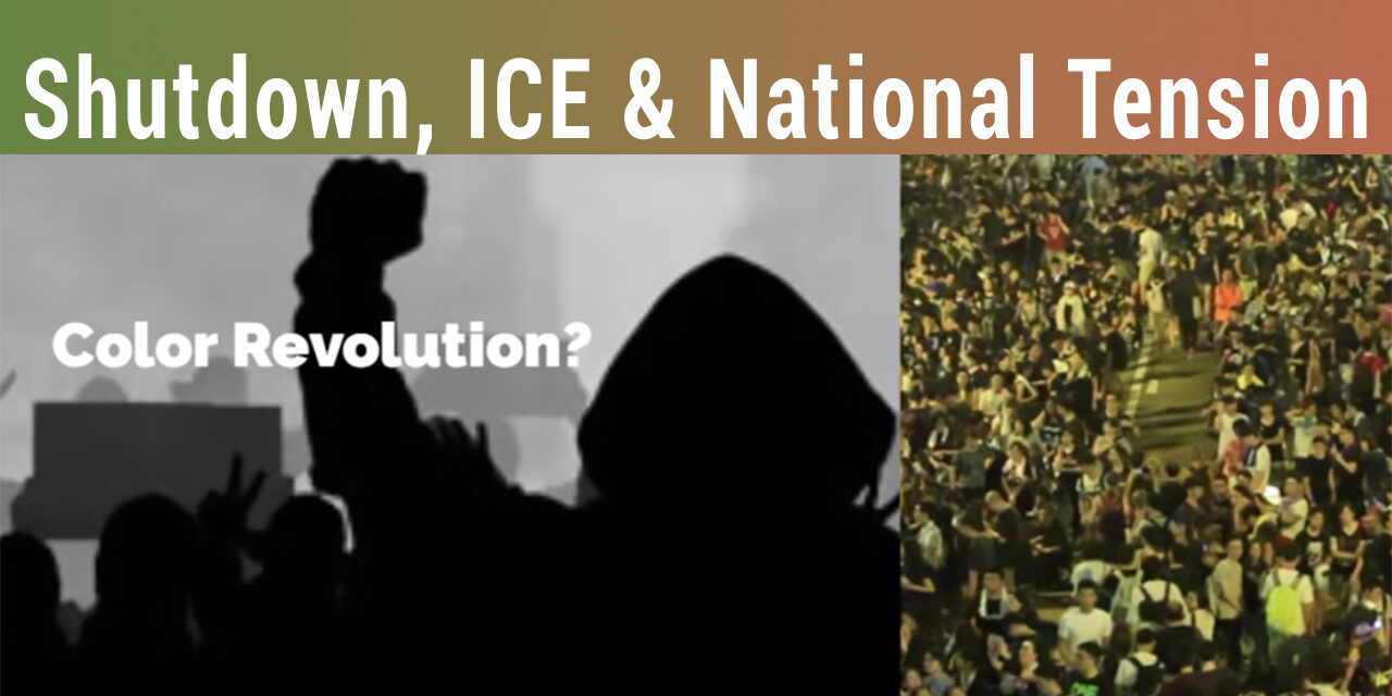 Protesters demonstrating against government shutdown, ICE policies, and rising national tension, highlighting social unrest and calls for change.