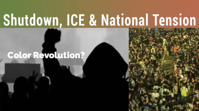 Protesters demonstrating against government shutdown, ICE policies, and rising national tension, highlighting social unrest and calls for change.