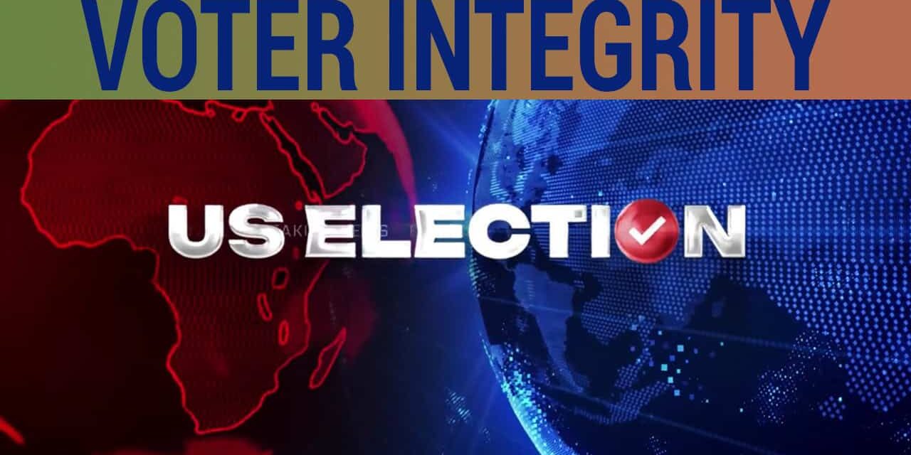 Illustration highlighting voter integrity and election transparency in the US, featuring a digital globe and voting symbols to emphasize election security and trust.