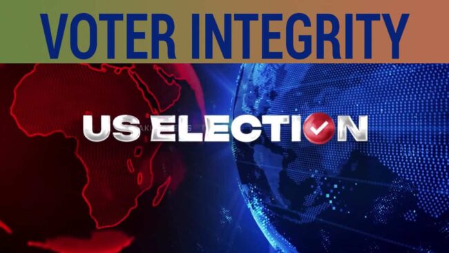 Illustration highlighting voter integrity and election transparency in the US, featuring a digital globe and voting symbols to emphasize election security and trust.