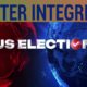 Illustration highlighting voter integrity and election transparency in the US, featuring a digital globe and voting symbols to emphasize election security and trust.