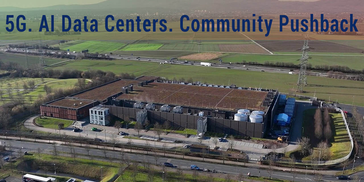 An aerial view of a large 5G AI data center surrounded by green fields and infrastructure, highlighting the role of technology hubs in community development and connectivity.