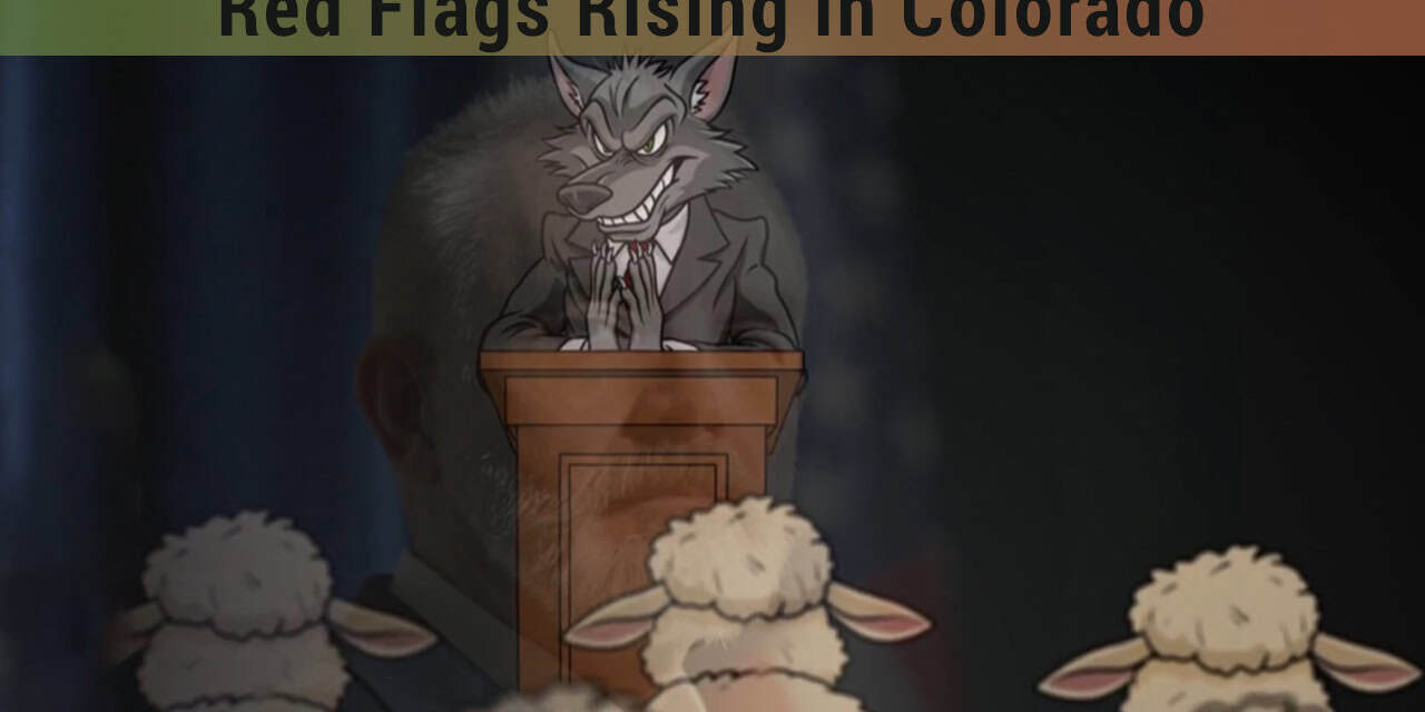 Illustration of a wolf-like figure at a podium with sheep in the foreground, symbolizing political warning signs in Colorado.