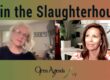 Two women engaged in a discussion about AI in the slaughterhouse industry during the Open Agenda WTF event.