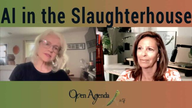 Two women engaged in a discussion about AI in the slaughterhouse industry during the Open Agenda WTF event.