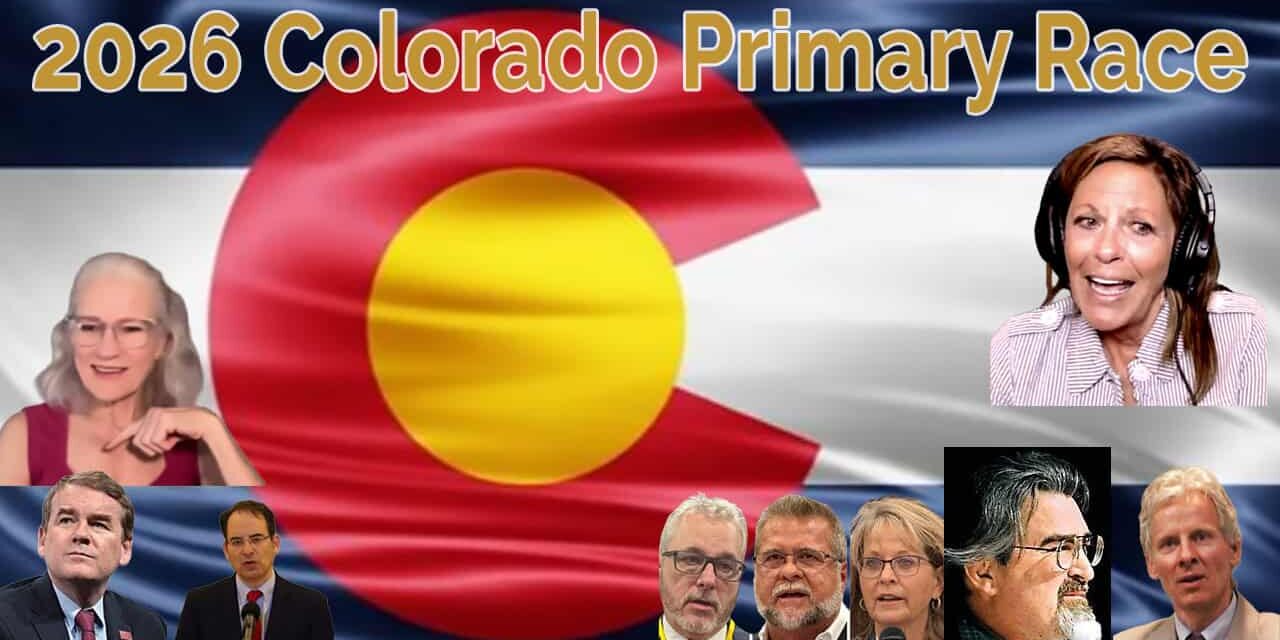 Diverse group of candidates and officials at the 2026 Colorado Primary Race, with the Colorado state flag in the background, highlighting political engagement and election process.