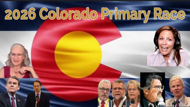 Diverse group of candidates and officials at the 2026 Colorado Primary Race, with the Colorado state flag in the background, highlighting political engagement and election process.