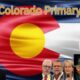 Diverse group of candidates and officials at the 2026 Colorado Primary Race, with the Colorado state flag in the background, highlighting political engagement and election process.