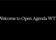 Welcome to Open Agenda WTF with black background and white text.